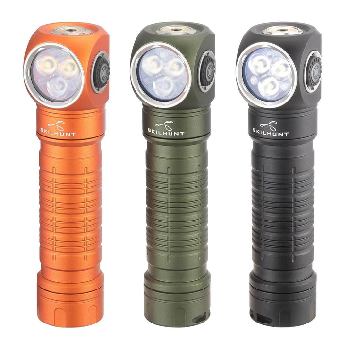 Four different Skilhunt H200 flashlights with USB charging in different colors.