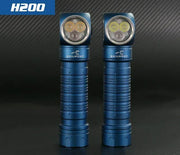 Two Skilhunt H200 blue LED headlamps with right-angle heads stand upright on a dark surface against a black background. They run on 18650 batteries and offer convenient USB magnetic charging.