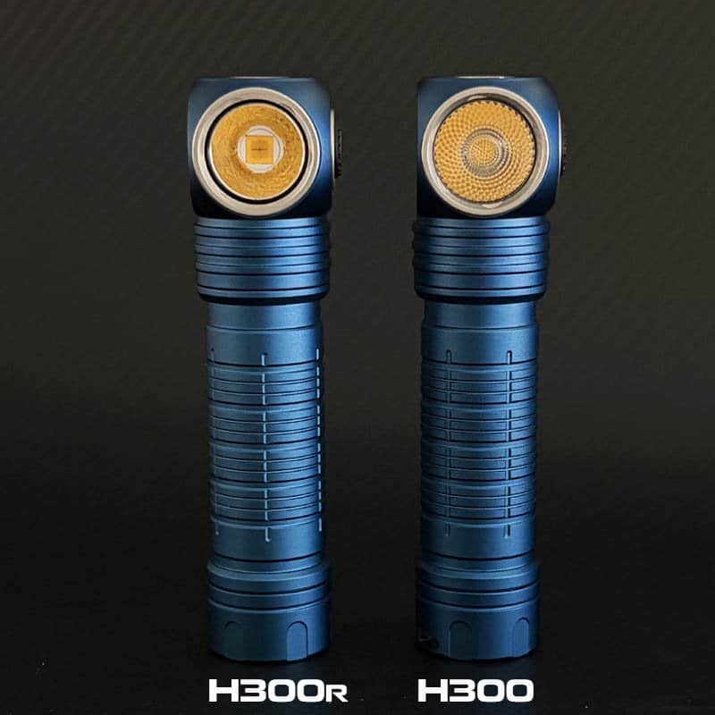 The Skilhunt H300 and H300R headlamps stand upright side by side on a dark background, showcasing their blue bodies, angled heads, distinct lens designs, and advanced CREE XHP50.3 LED technology.