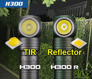 The Skilhunt H300/H300R Headlamps are shown side by side outdoors at night, each using CREE XHP50.3 LEDs with their respective reflector components displayed next to them.
