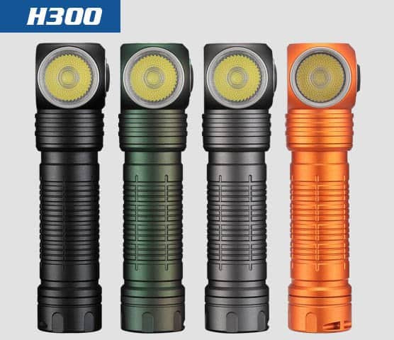 Four Skilhunt H300/H300R angled-head headlamps in black, green, grey, and orange stand upright in a row. Powered by CREE XHP50.3 LEDs for dependable brightness. A blue "H300" label is shown at the top left corner.