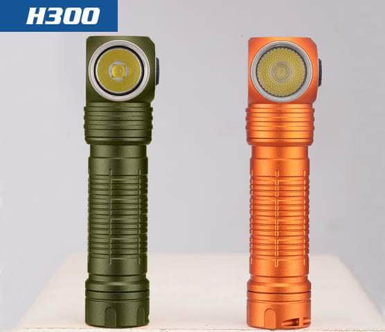 Two different types of flashlights, including the Skilhunt H300 High-CRI Headlamp model, evenly placed on top of a table.