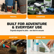 Military Green Storacell AA battery caddy shown for travel, camping, hunting, and home use