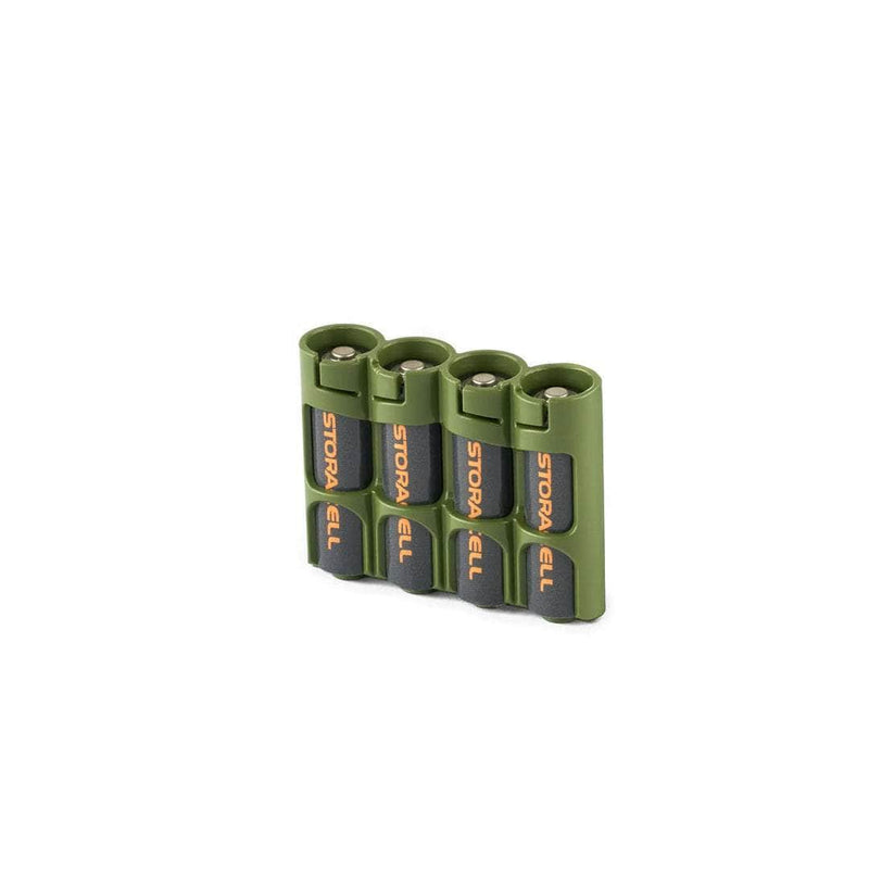 Front view of Military Green Storacell SlimLine AA 4-Battery Caddy holding four AA batteries