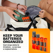 Orange Storacell SlimLine AA caddy organizing spare batteries in a backpack