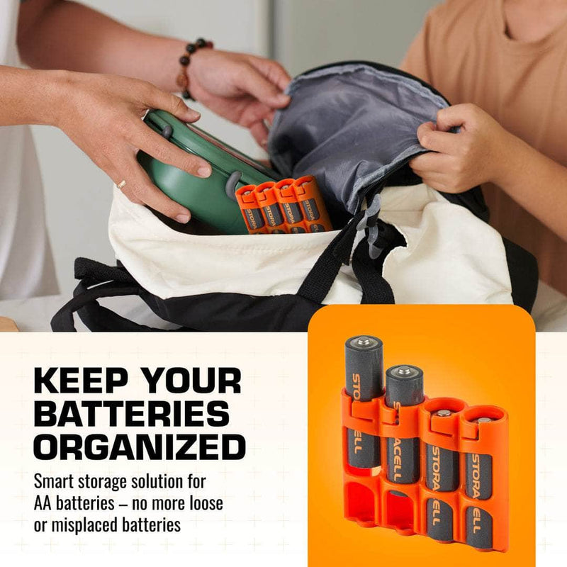 Orange Storacell SlimLine AA caddy organizing spare batteries in a backpack