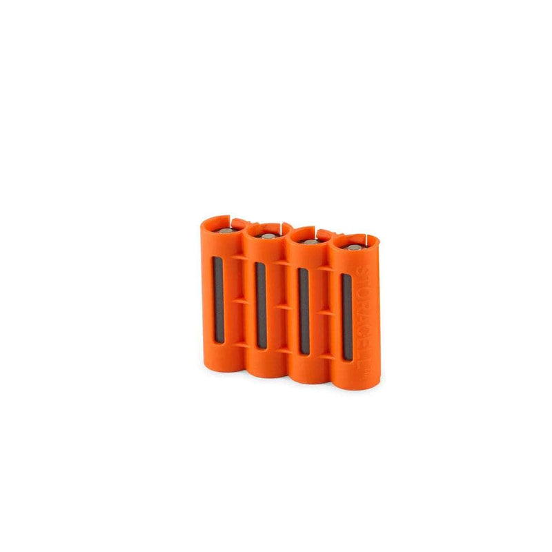 Rear view of empty orange Storacell SlimLine AA 4-Battery Caddy