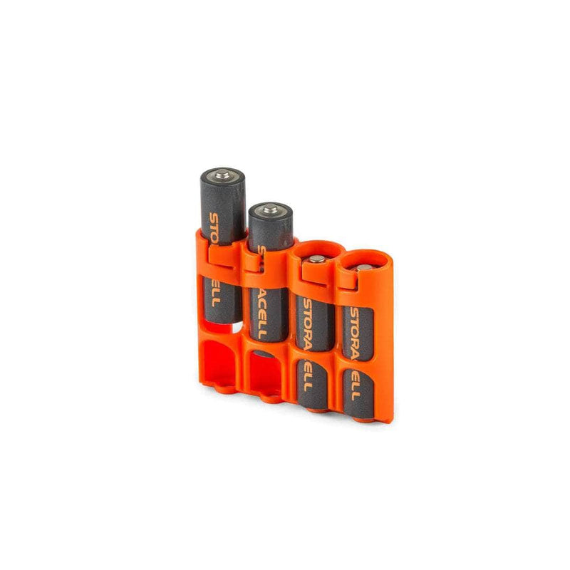 Orange Storacell SlimLine AA caddy with two batteries partially removed for quick access