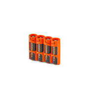 Front view of orange Storacell SlimLine AA 4-Battery Caddy holding four AA batteries