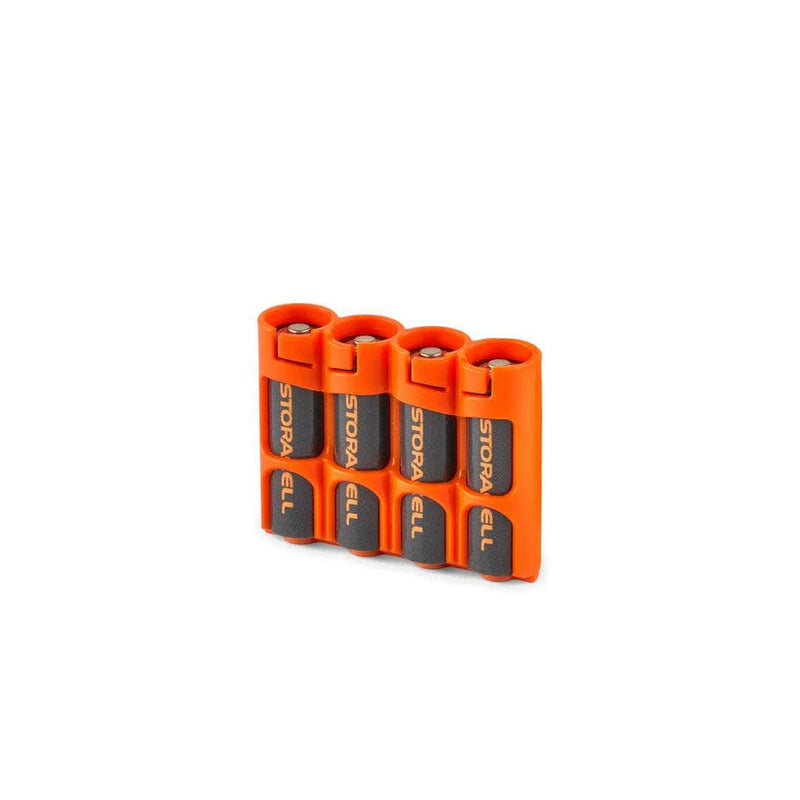 Front view of orange Storacell SlimLine AA 4-Battery Caddy holding four AA batteries