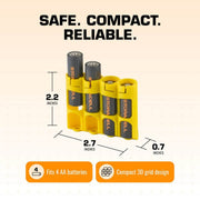 Yellow Storacell SlimLine AA 4-Battery Caddy dimensions and compact grid design