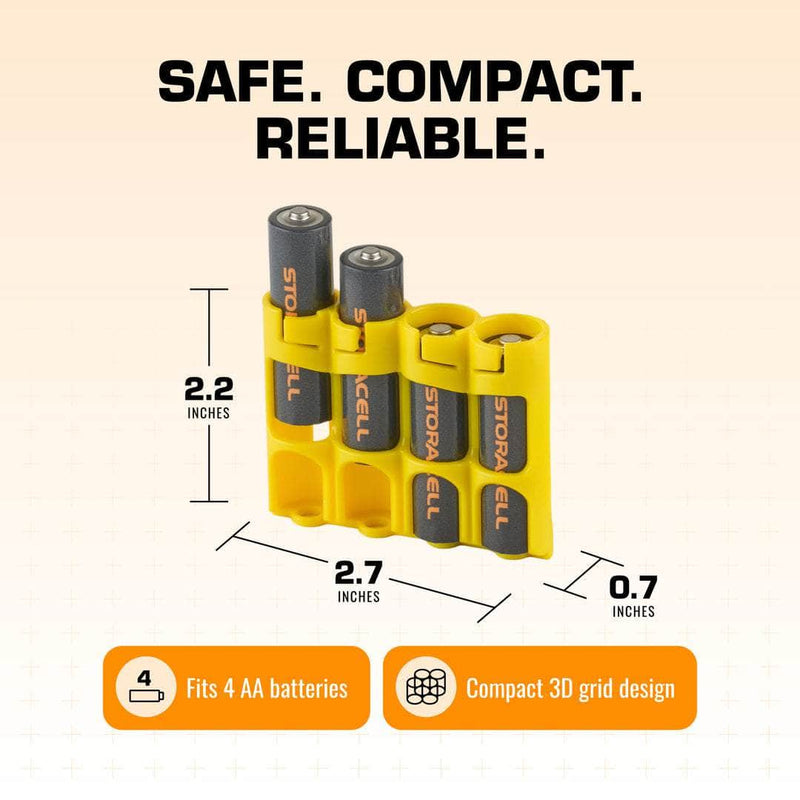 Yellow Storacell SlimLine AA 4-Battery Caddy dimensions and compact grid design