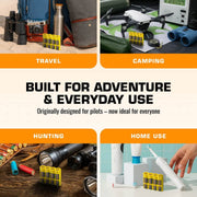 Yellow Storacell AA battery caddy shown for travel, camping, hunting, and home use