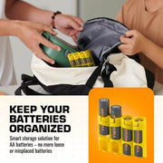 Yellow Storacell SlimLine AA caddy organizing spare batteries in a backpack