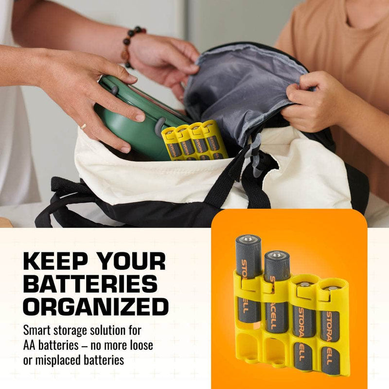 Yellow Storacell SlimLine AA caddy organizing spare batteries in a backpack