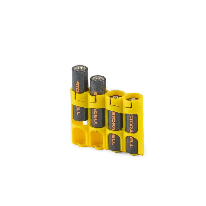 Yellow Storacell SlimLine AA caddy with two batteries partially removed for quick access