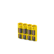 Front view of yellow Storacell SlimLine AA 4-Battery Caddy holding four AA batteries