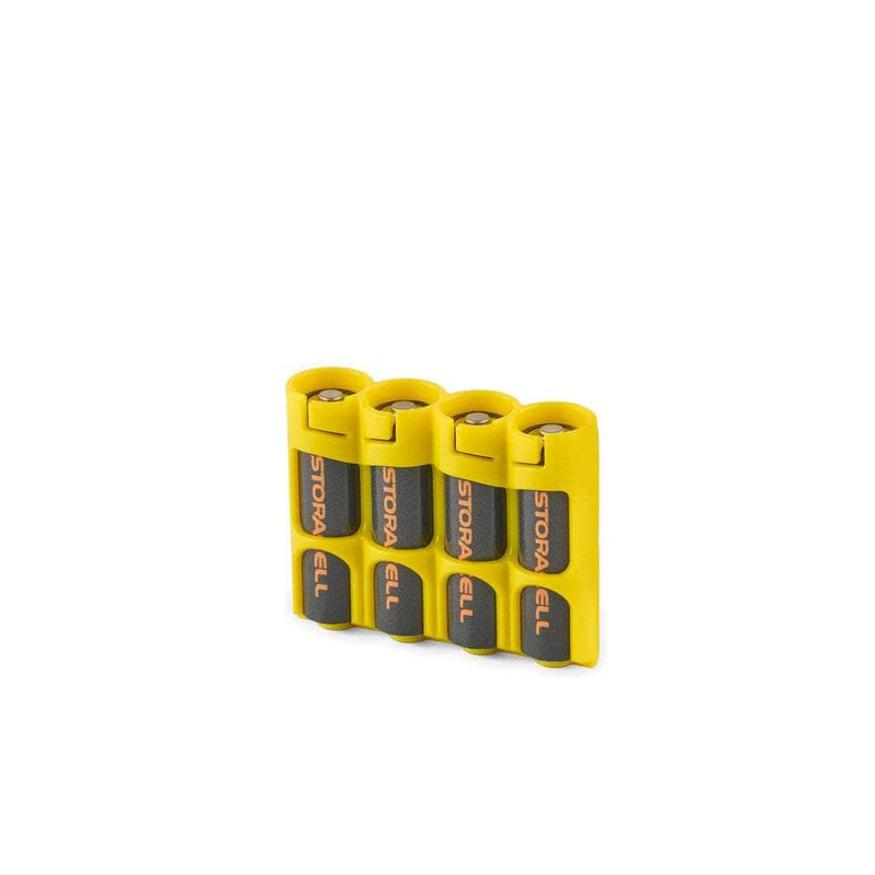 Front view of yellow Storacell SlimLine AA 4-Battery Caddy holding four AA batteries