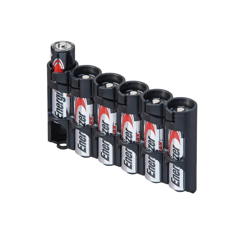 Rear view of Tuxedo Black Storacell SlimLine AA 6-battery caddy