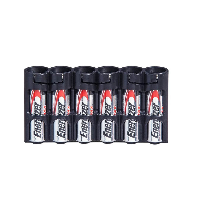 Tuxedo Black Storacell SlimLine AA 6-battery caddy with battery access