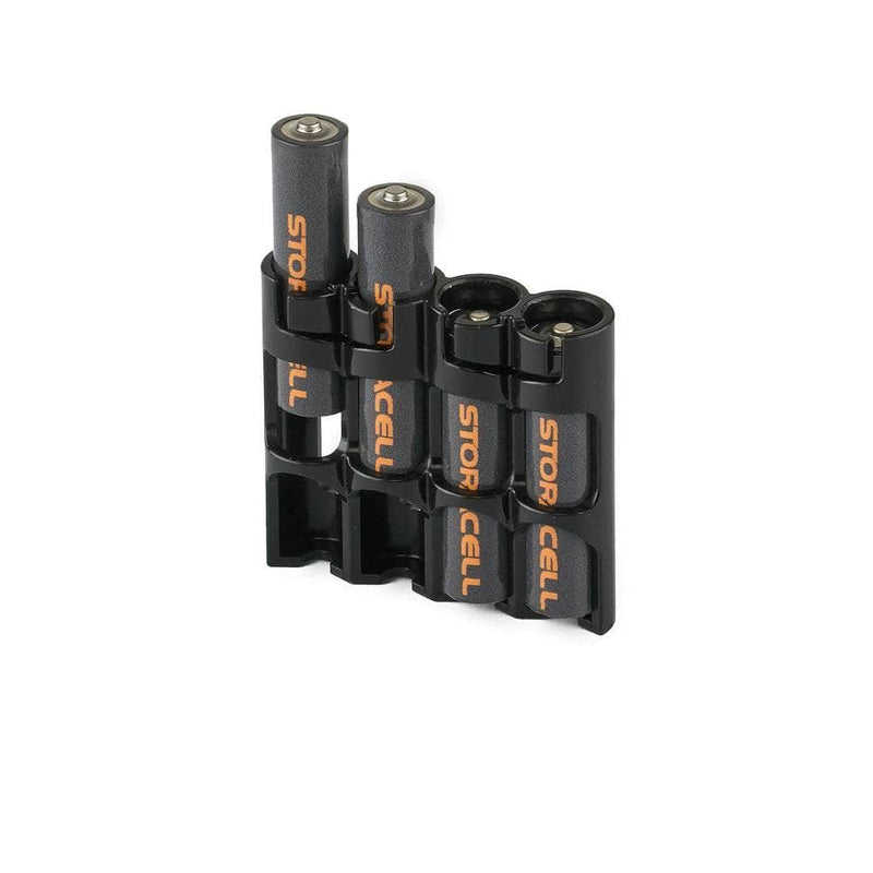 Tuxedo Black Storacell SlimLine AAA caddy with two batteries partially removed for quick access