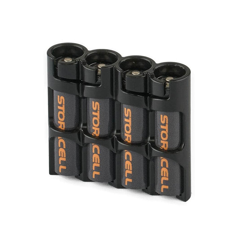 Front view of Tuxedo Black Storacell SlimLine AAA 4-Battery Caddy holding four AAA batteries