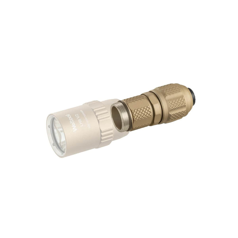 The Weltool BB15+TC20 18350 Body and Tailcap is shown paired with a metal LH series weapon light flashlight, featuring a cylindrical, textured grip and a detached head that reveals the threaded connection.
