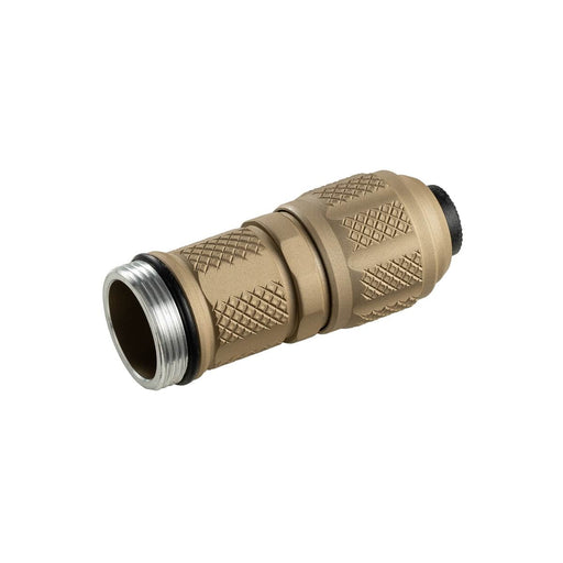 Tan-colored metal hose connector with knurled grip texture and a black rubber gasket, shown against a white background—similar in finish to the Weltool BB15+TC20 18350 Body and Tailcap.