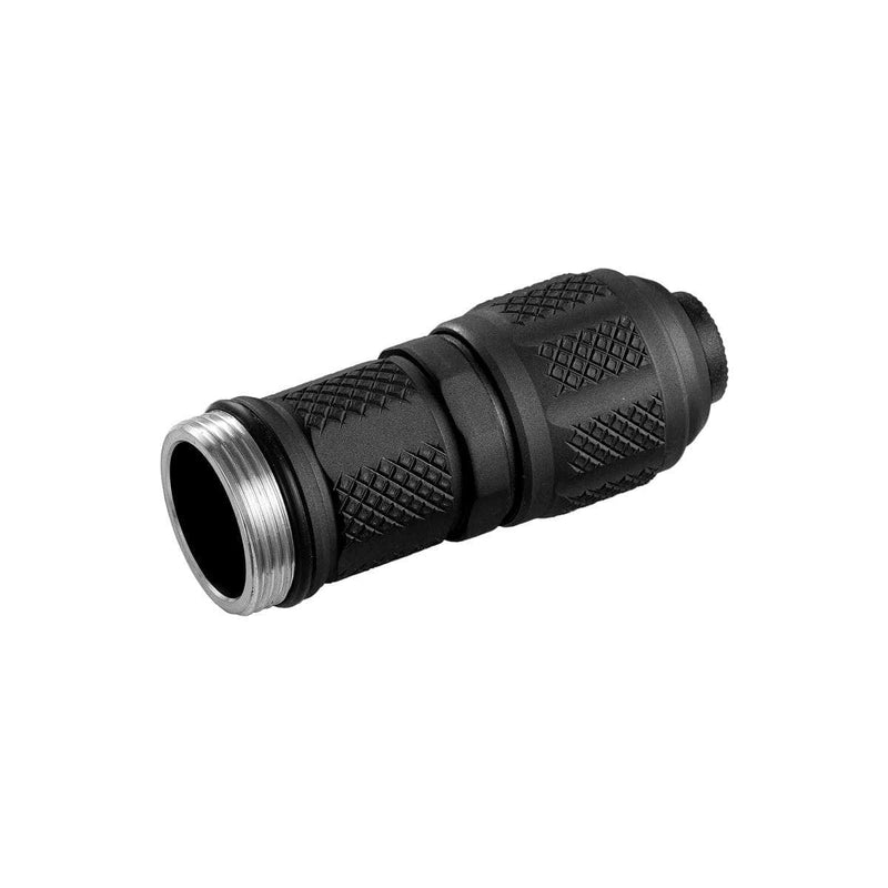 Black cylindrical connector with textured grip and metal threaded end, designed for compatibility with the Weltool BB15+TC20 18350 Body and Tailcap, isolated on a white background—ideal for pairing with various weapon light heads.