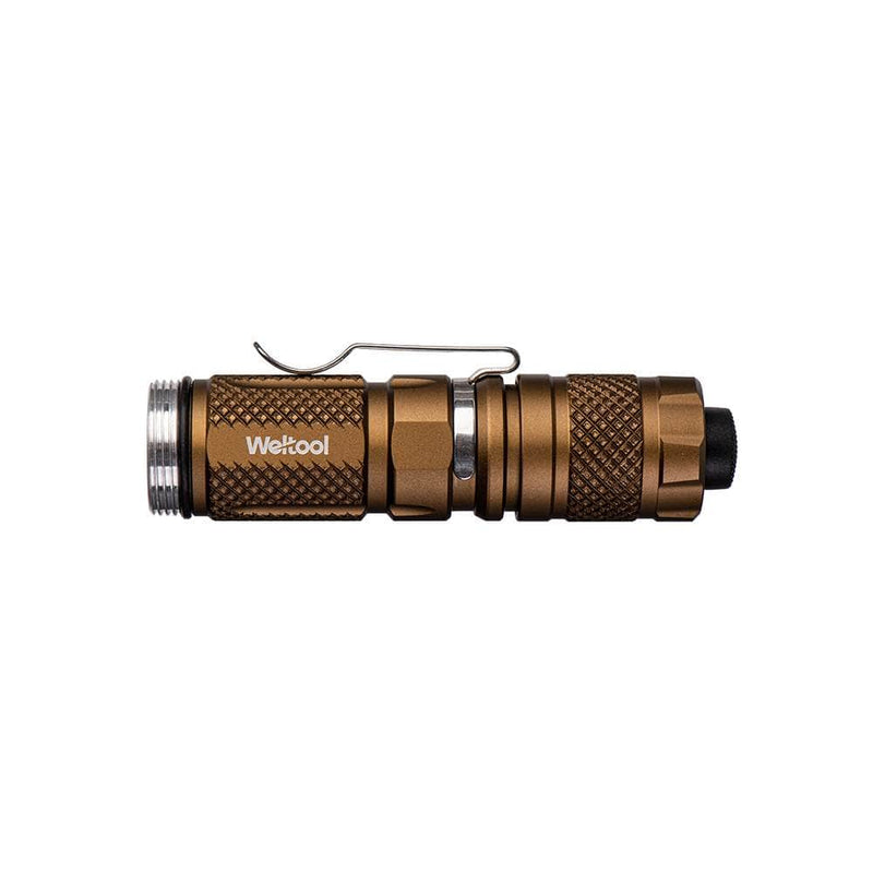 A compact, bronze-colored Weltool BB3 flashlight body (no tailcap) with a textured grip and pocket clip, designed for use with an 18650 battery, is shown against a plain white background.
