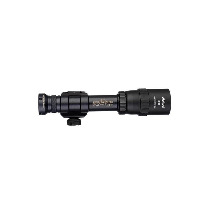 A black Weltool DF2E V2 weapon-mounted tactical flashlight is shown from the side against a white background, equipped with a weapon light adapter.