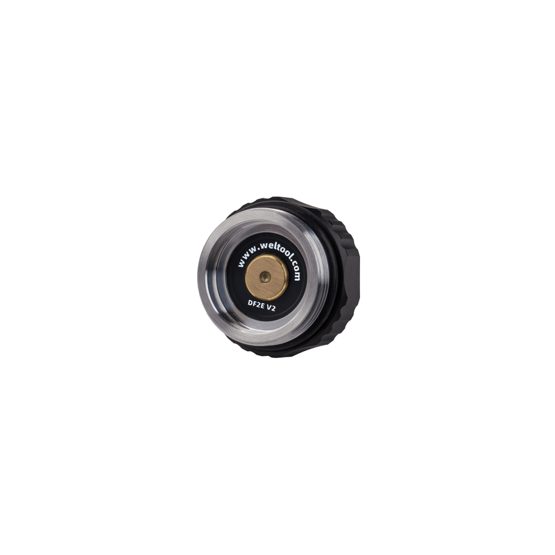 A round, metallic Weltool DF2E V2 adapter with a ridged black edge and brass center, labeled "www.wellbor.com DF12 V2," is shown on a white background.