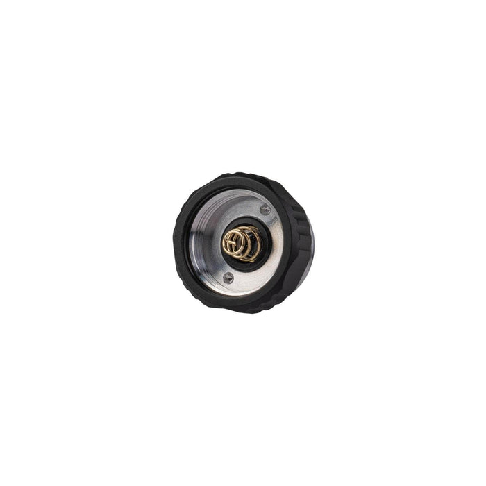 Close-up view of the Weltool DF2E V2, a black and silver threaded metal cap with an internal spring mechanism, isolated on a white background.