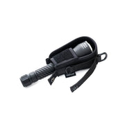 A Weltool FH6 V2.0 Semi-closed Nylon Flashlight Holster for W4Pro, W5Pro, with a black flashlight partially inserted and the Velcro flap visible, displayed against a white background.