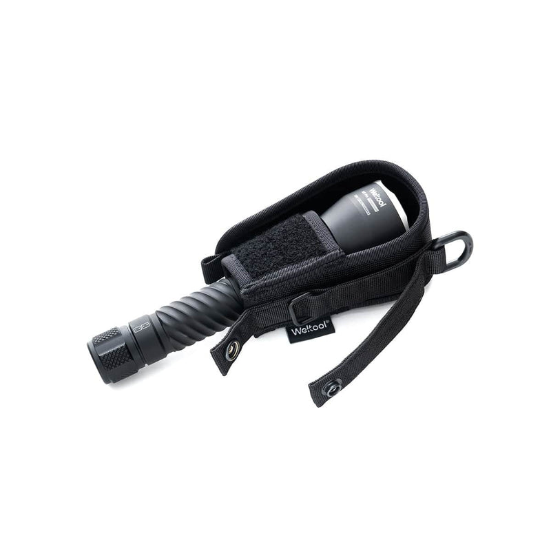 A Weltool FH6 V2.0 Semi-closed Nylon Flashlight Holster for W4Pro, W5Pro, with a black flashlight partially inserted and the Velcro flap visible, displayed against a white background.