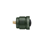 The Weltool TC70 Tailcap is a small, cylindrical, green metal accessory with a textured grip, visible spring, and web address on the side. It's compatible with Surefire E series weapon lights and shown isolated on a white background.