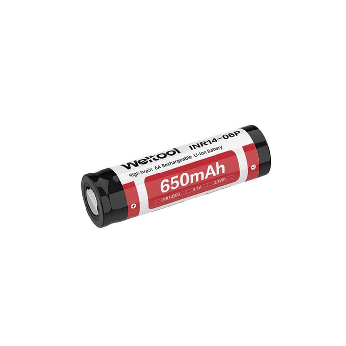 A Weltool INR14-06P High-Drain 14500 Li-ion battery on a white background.