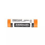 The Weltool INR18-33 is an orange and black flat top 18650 lithium-ion battery with a capacity of 3300mAh, 3.6V, and 11.88Wh.