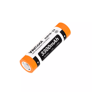 A cylindrical orange and black 18650 lithium-ion battery labeled 3300mAh, 3.7V, flat top design, model Weltool INR18-33.