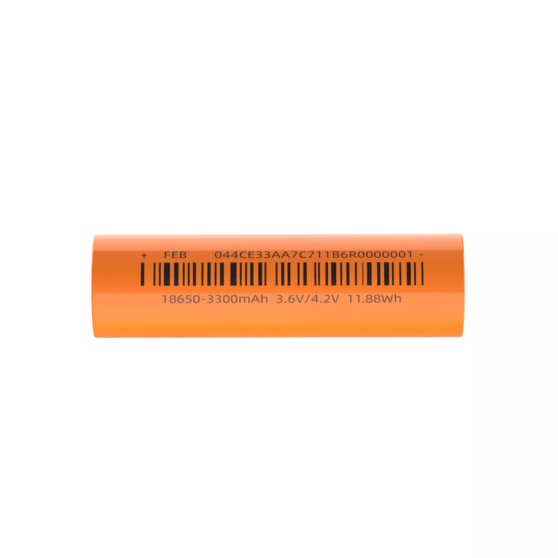 The Weltool INR18-33 is an orange flat top 18650 lithium-ion battery, labeled 3300mAh, 3.6V/4.2V, with a barcode and serial number printed on its side.