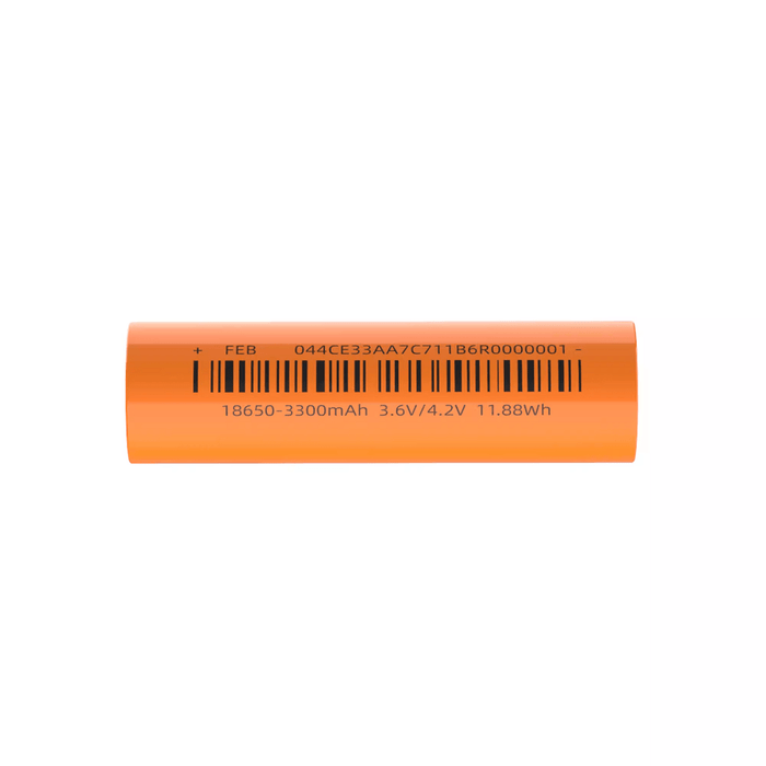 The Weltool INR18-33 is an orange flat top 18650 lithium-ion battery, labeled 3300mAh, 3.6V/4.2V, with a barcode and serial number printed on its side.