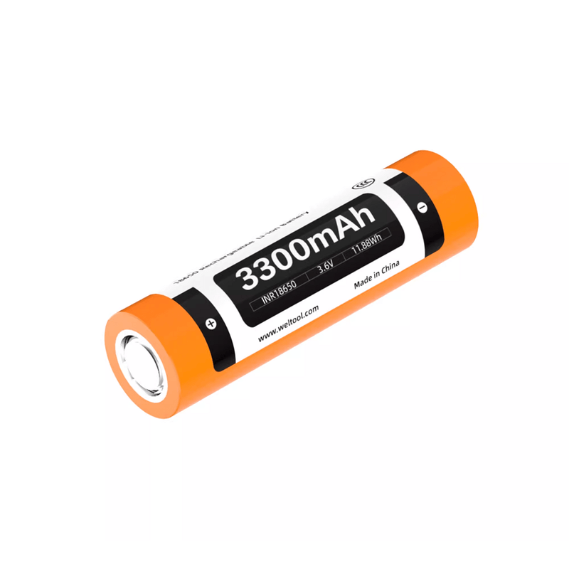 A cylindrical orange and black Weltool INR18-33 18650 lithium-ion battery with a flat top, labeled 3.6V and 3300mAh, featuring specifications and “Made in China” printed on the side.