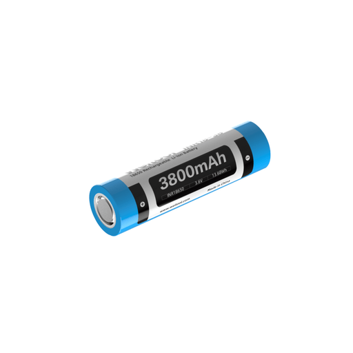 A blue Weltool INR18-38 3800mAh 18650 flat top Li-ion battery on a white background.