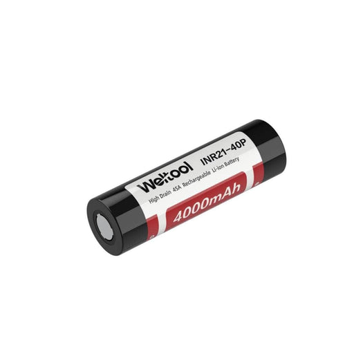A Weltool INR21-40P High-Drain 21700 Li-ion battery with a red cap on it.