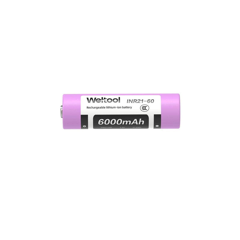 The Weltool INR21-60 6000mAh 21700 is a high-capacity rechargeable lithium-ion battery in purple.