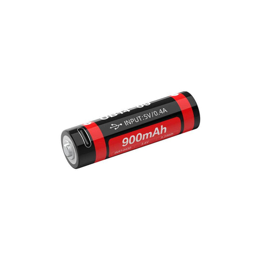 A Weltool UB14-09 Type-C USB rechargeable 14500 Li-ion battery 900mAh that is red and black on a white background.