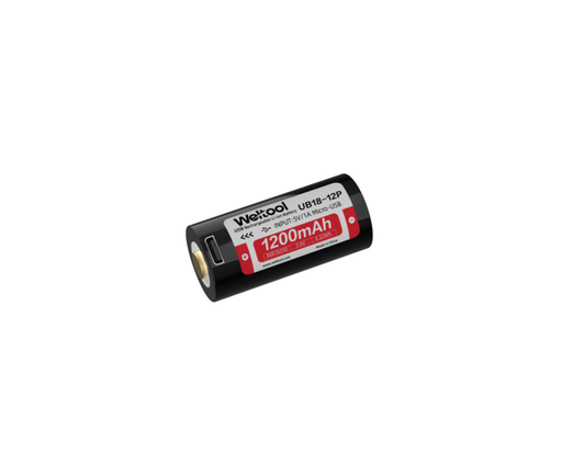 Weltool UB18-12P High Drain 8A 1200mAh USB Rechargeable 18350 Li-ion Battery on a white background.