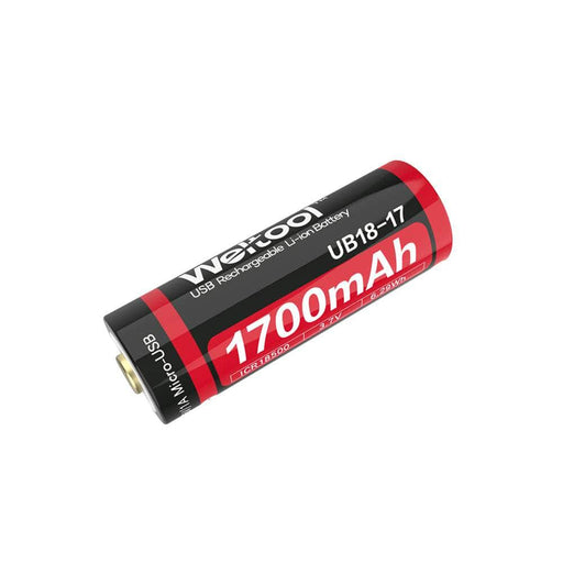 A red Weltool UB18-17 18500 1700mAh USB Rechargeable Li-ion Battery on a white background with built-in protection circuit.