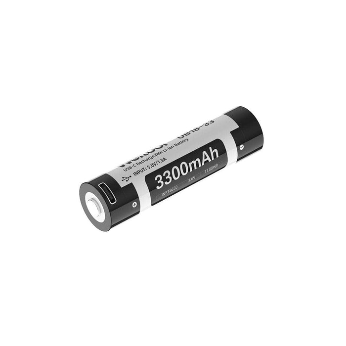A Weltool UB18-33 18650 USB-C rechargeable battery in black and silver, marked "3300mAh" with detailed specs on its side, is displayed against a white background.