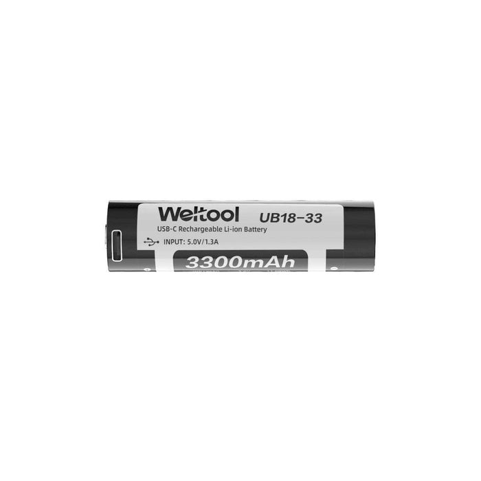 The Weltool UB18-33 is a USB-C rechargeable 18650 lithium-ion battery with a 3300mAh capacity and 5.0V/1.3A input clearly marked for reliable charging.